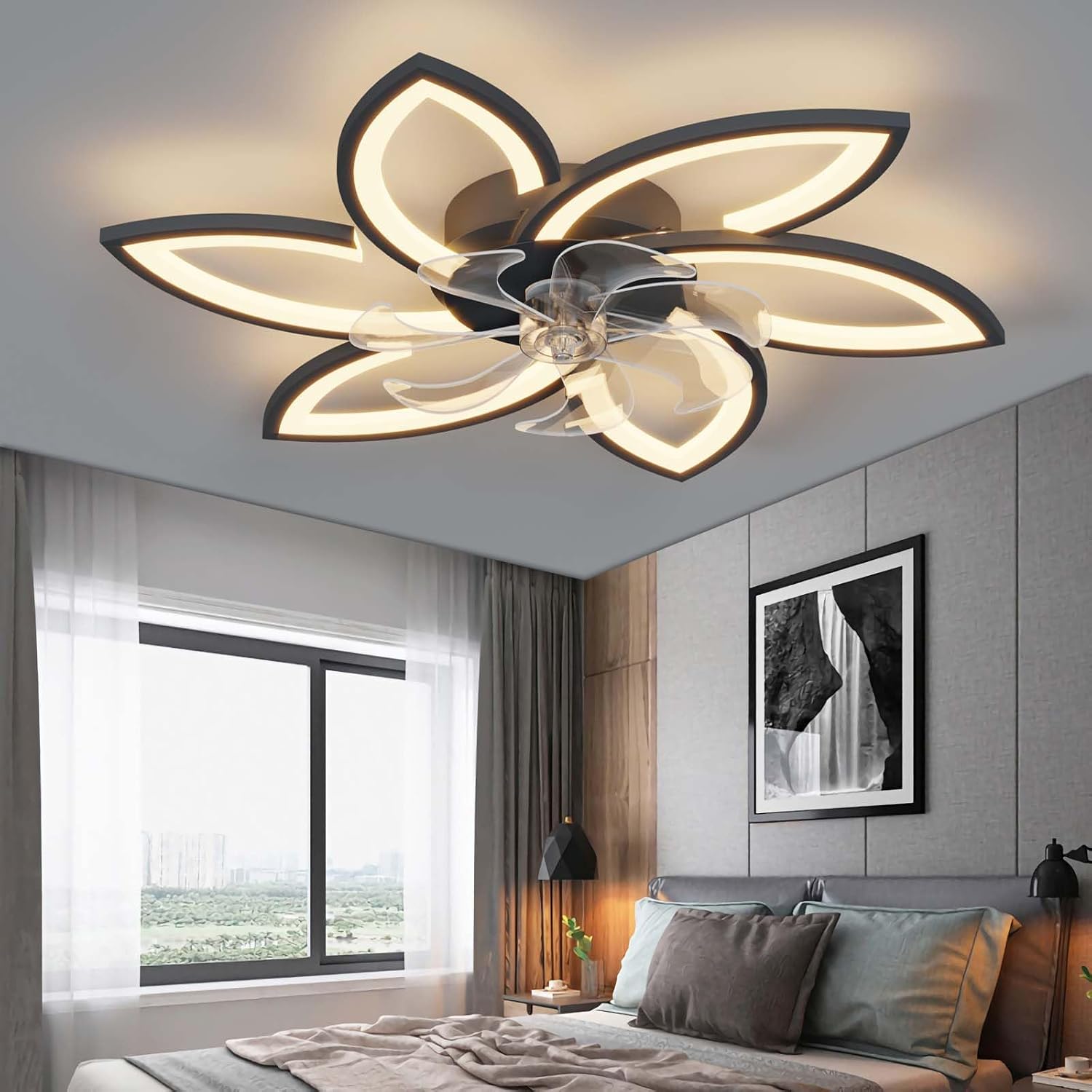 Sourdine Ventilateur de Plafond avec lumière avec télécommande, LED Dimmable Lampe de Plafond Ventilateur de Plafond, Réglable 6 Vitesses, Noir 78CM - 2