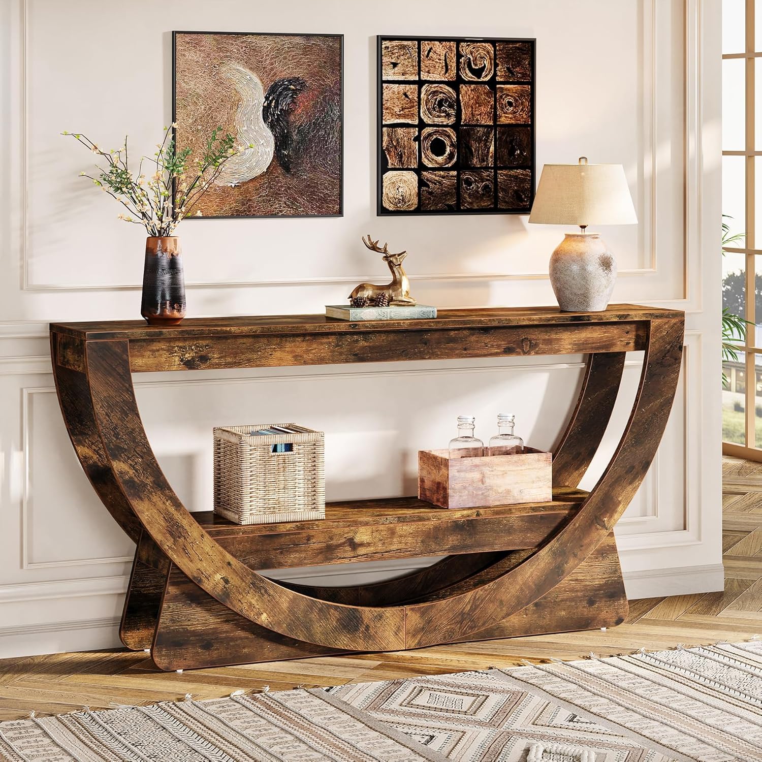 Długi stolik konsolowy Tribesigns 160 cm – 2 poziomy z łukiem i w stylu rustykalnym, ciemnobrązowy, do każdego pomieszczenia