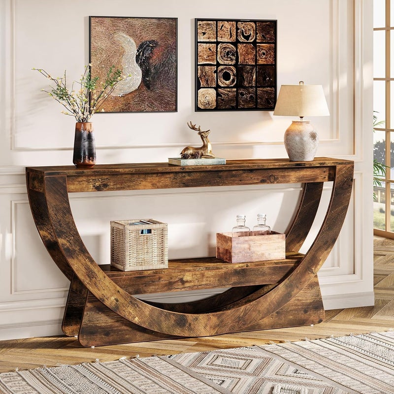 Długi stolik konsolowy Tribesigns 160 cm – 2 poziomy z łukiem i w stylu rustykalnym, ciemnobrązowy, do każdego pomieszczenia