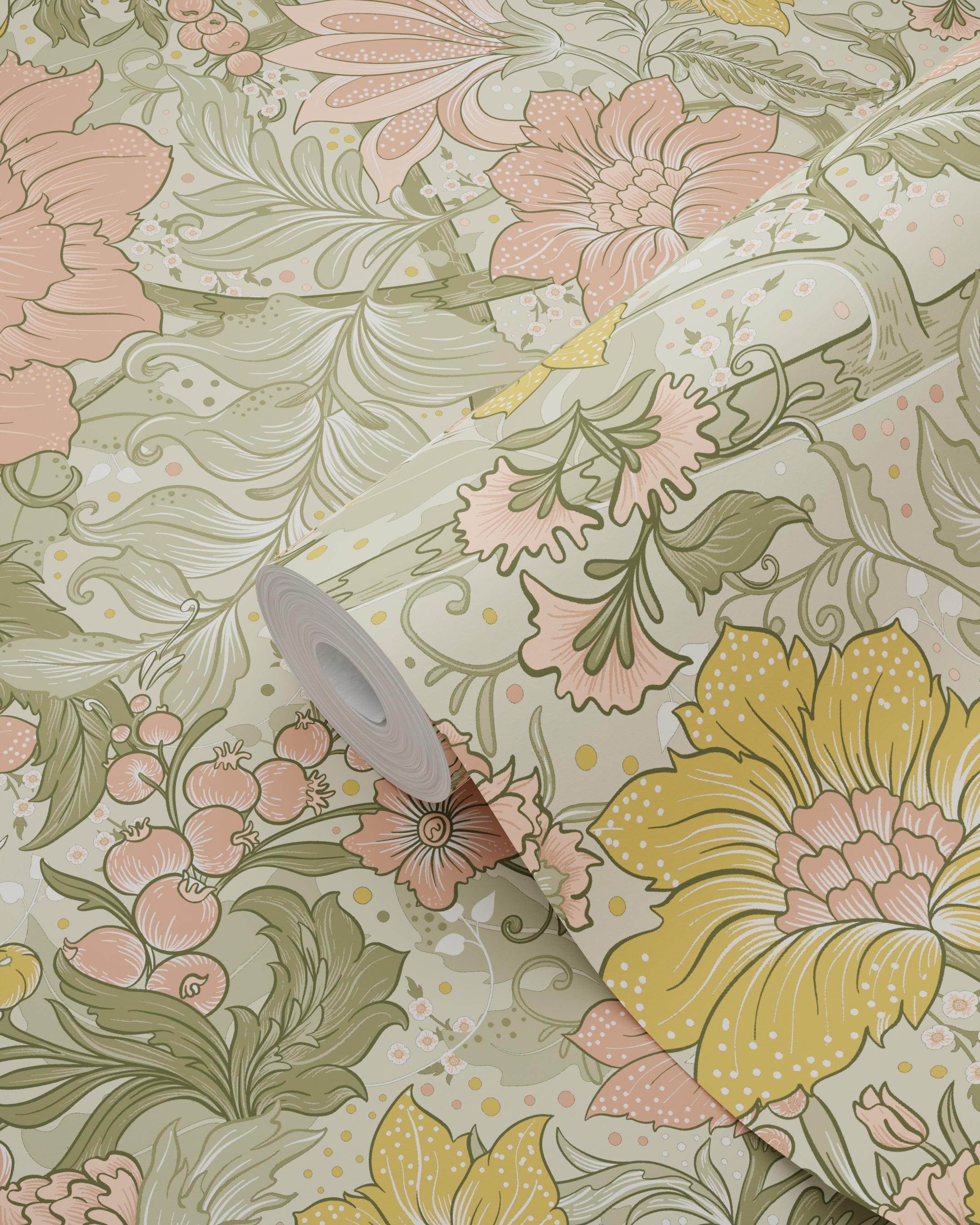 Papier peint fleurs vintage vert grisé, rose et jaune ocre - 50 x 900 cm - ESTAhome - 7