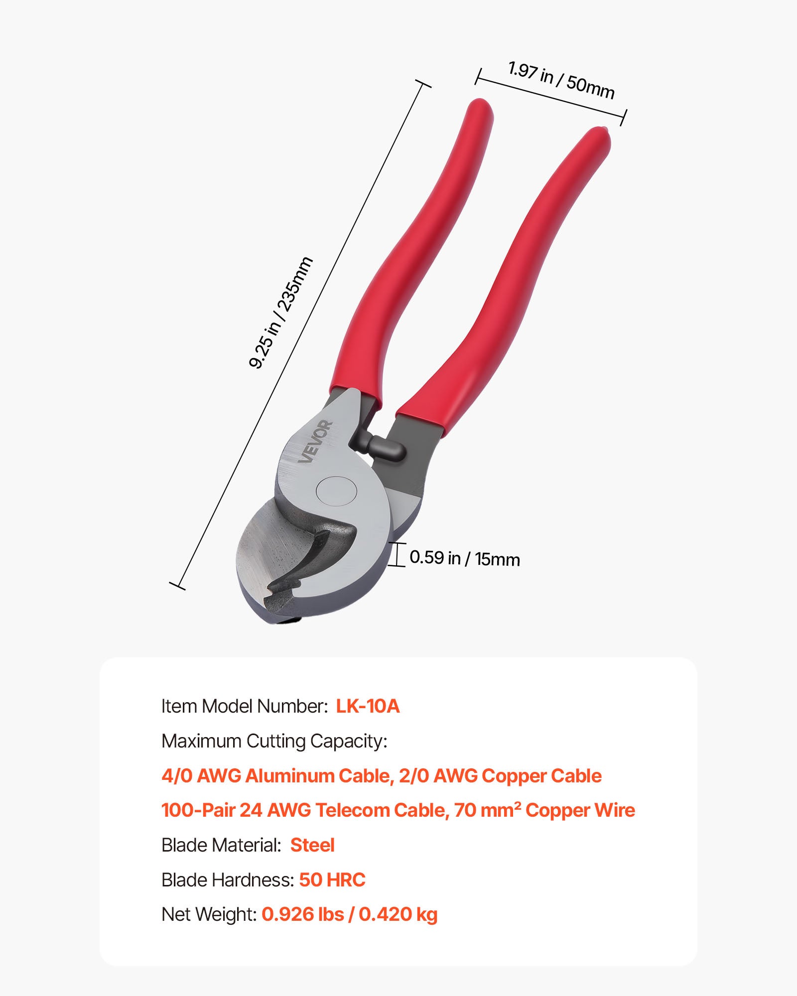 Tagliacavi ad alta demoltiplicazione VEVOR, 23,5 cm, pinza tagliacavi con lame forgiate e impugnature rivestite in PVC, per fili in alluminio 4/0 AWG - 7