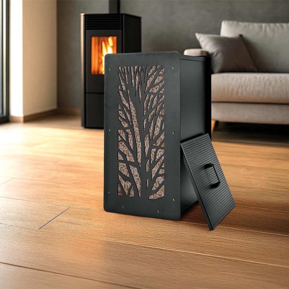 Réservoir à granulés 55 kg noir - 37 x 37 x 69 cm - Acier robuste et tamis intégré - 7