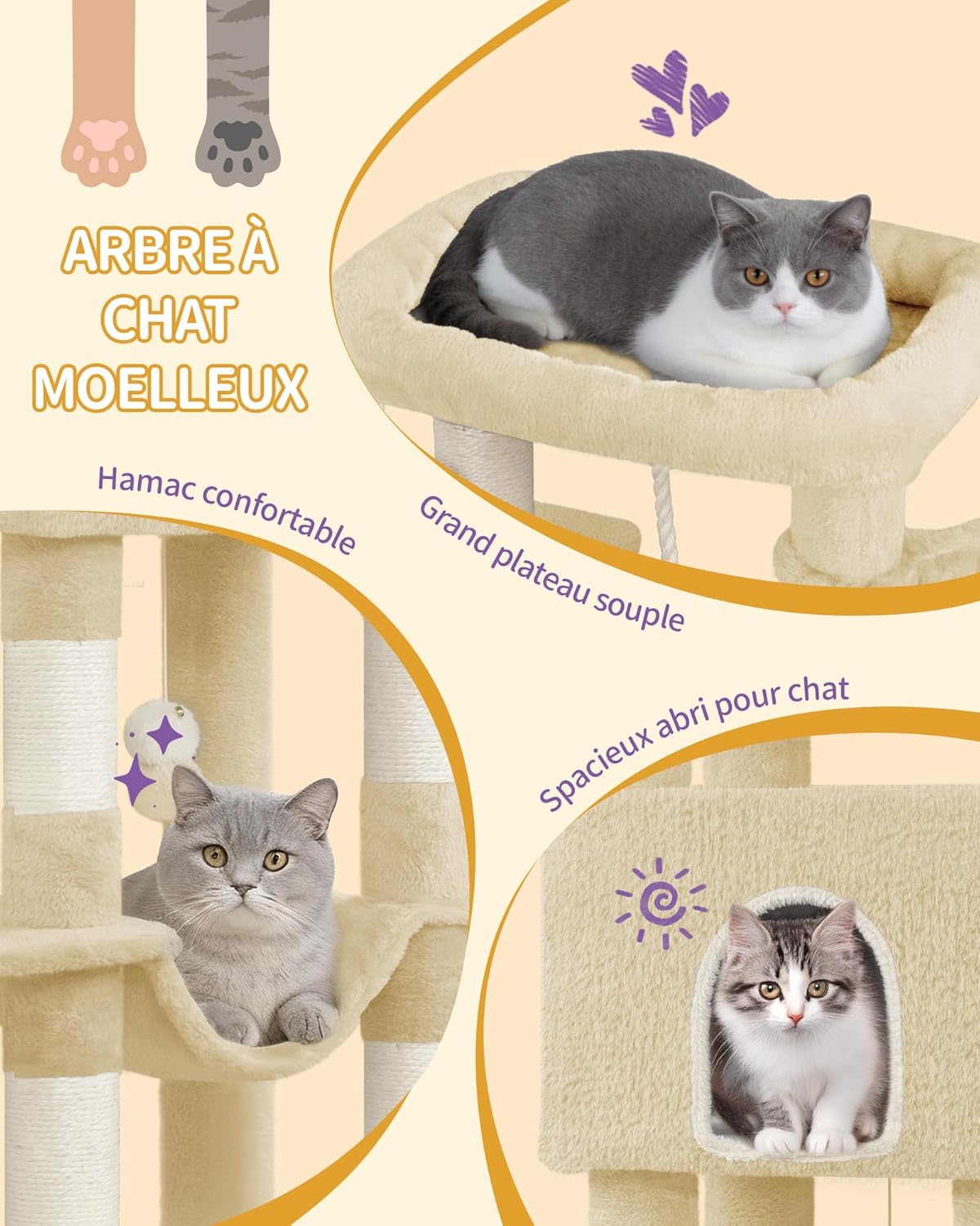 Árvore para Gatos (162 cm de Altura), Torre de Brinquedos, Arranhador com Plataformas Grandes, 5 Postes Arranhadores, 3 Pompons, 1 Rede,Cinza-escuro - 6