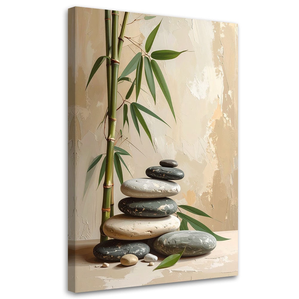 Obraz do salonu sypialni, Kamienie zen spa liście bambusa w beżu 30x45