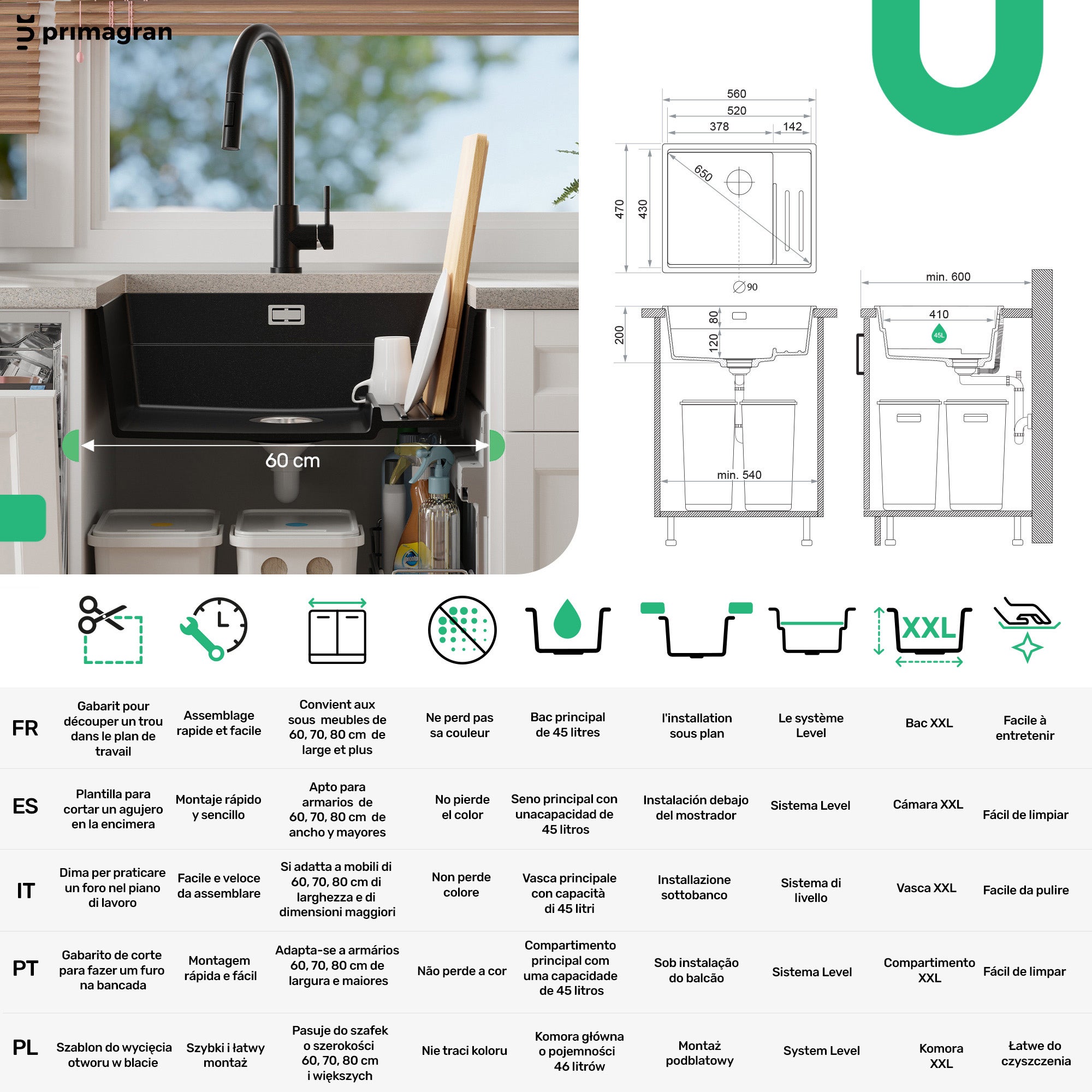 Lavandino sottotop Tutto Nero 56x47cm, Lavello in Granito a 1 vasca + Sifone Classico + Accessori, Lavabo da Cucina al mobile 60cm - Prague PRIMAGRAN - 6