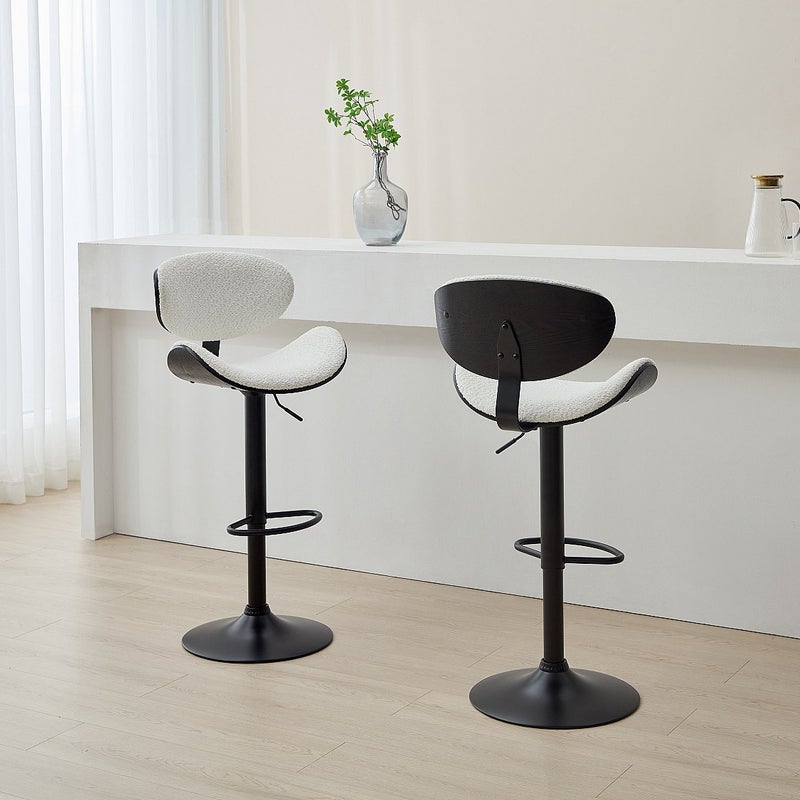 Zestaw 2 stołków barowych z bukli i metalu z jesionową okleiną - Regulowana wysokość - Biały i Czarny - MONTENEGRO