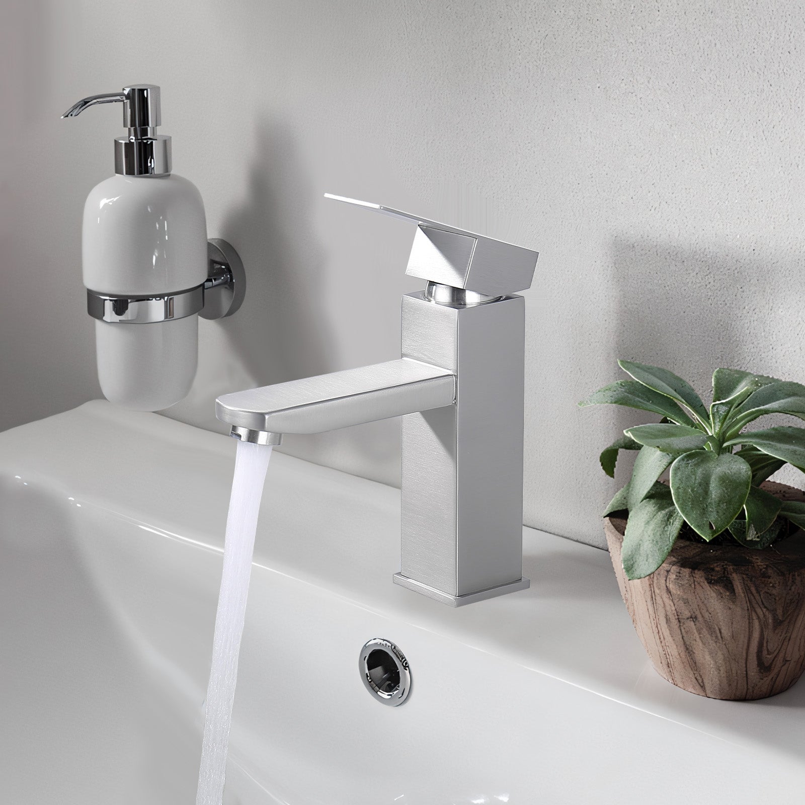 Robinet Salle de Bain Brossé Mitigeur Lavabo Gris Chaud & Froid Réglable, Robinet Lavabo avec Poignée Carré en Inox - 6