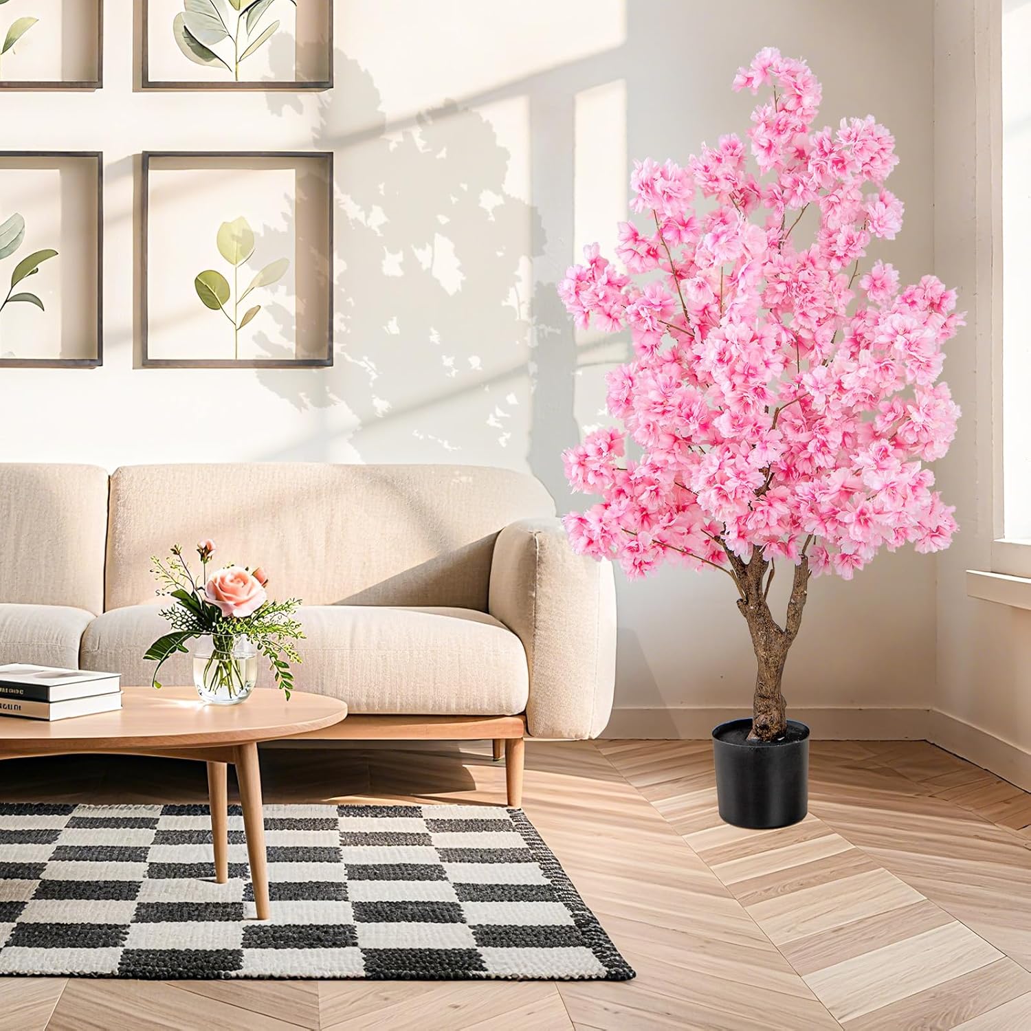 Árvore artificial de cerejeira, altura 118 cm, planta Sakura com 96 flores cor-de-rosa, vaso revestido com cimento, tronco com veios realistas - 8