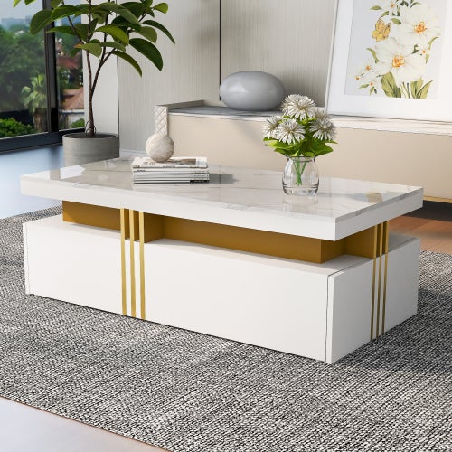 Table basse rectangulaire 100x50x40 cm avec 2 tiroirs, espace de rangement, en MDF, blanche - 9