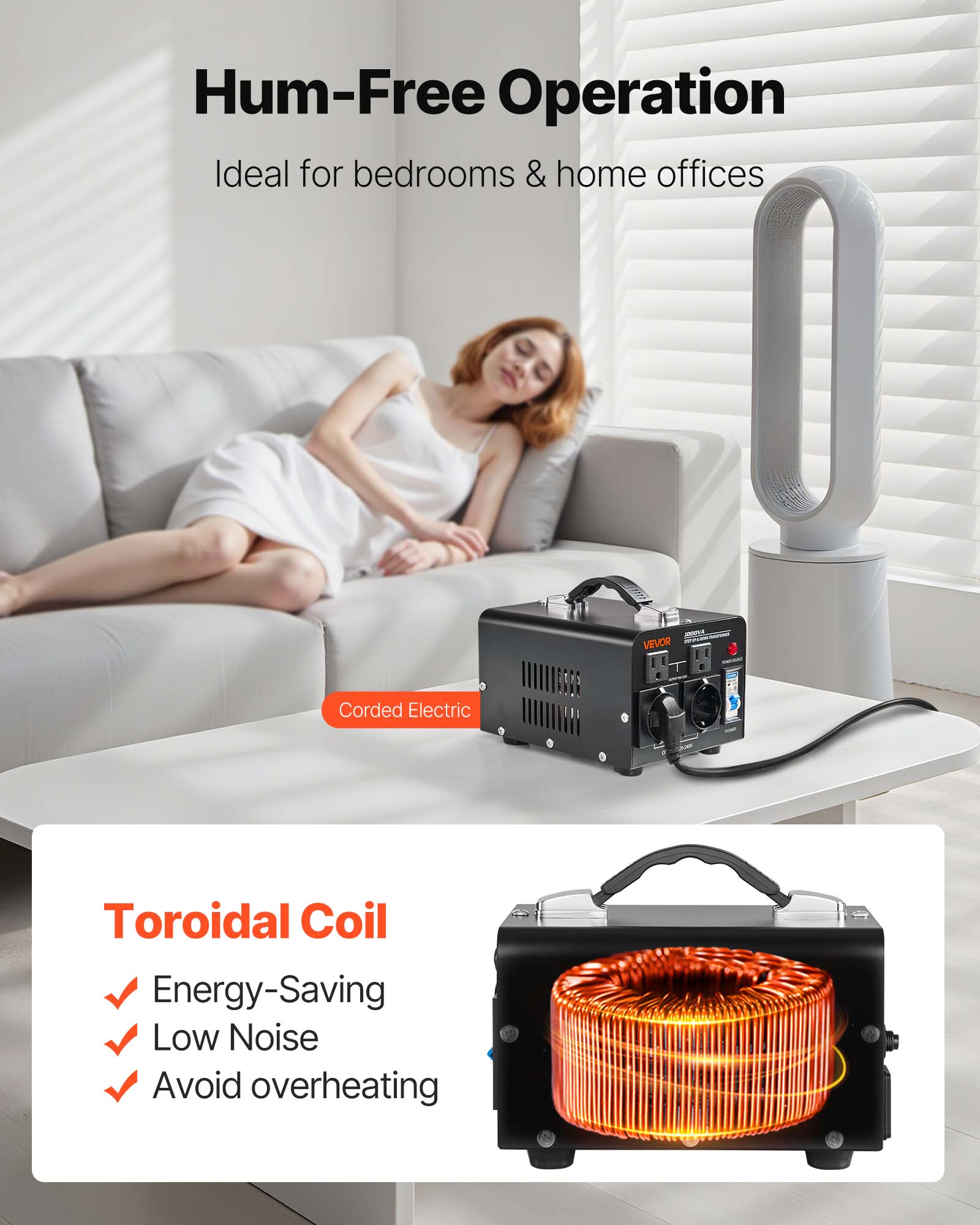 Transformateur VEVOR 220 V à 110 V et 110 V à 220 V, 1000 VA, avec Prises Américaines, Européennes, Cordon d'Alimentation, Protection par Disjoncteur - 6