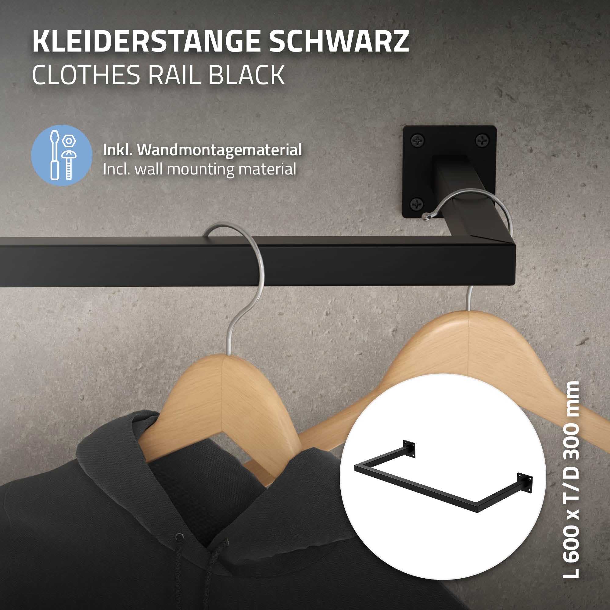 ML-Design 2x barra de colgar rectangular, D30xA60 cm, negro, acero