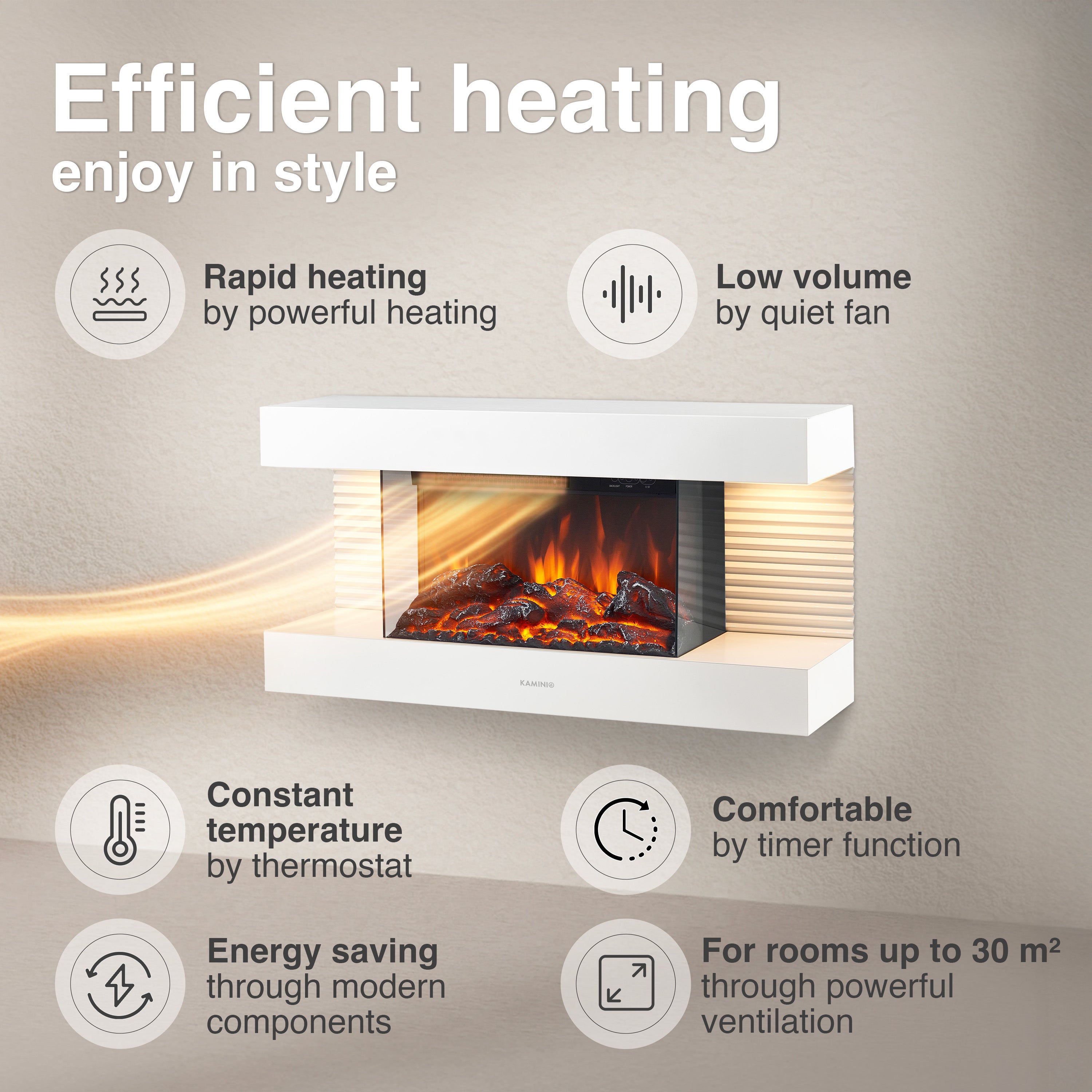 KAMINIO Chimenea eléctrica LIZ - Chimenea de pared con calefacción, efecto llama 3D, luz ambiental, control remoto - Blanco - 4