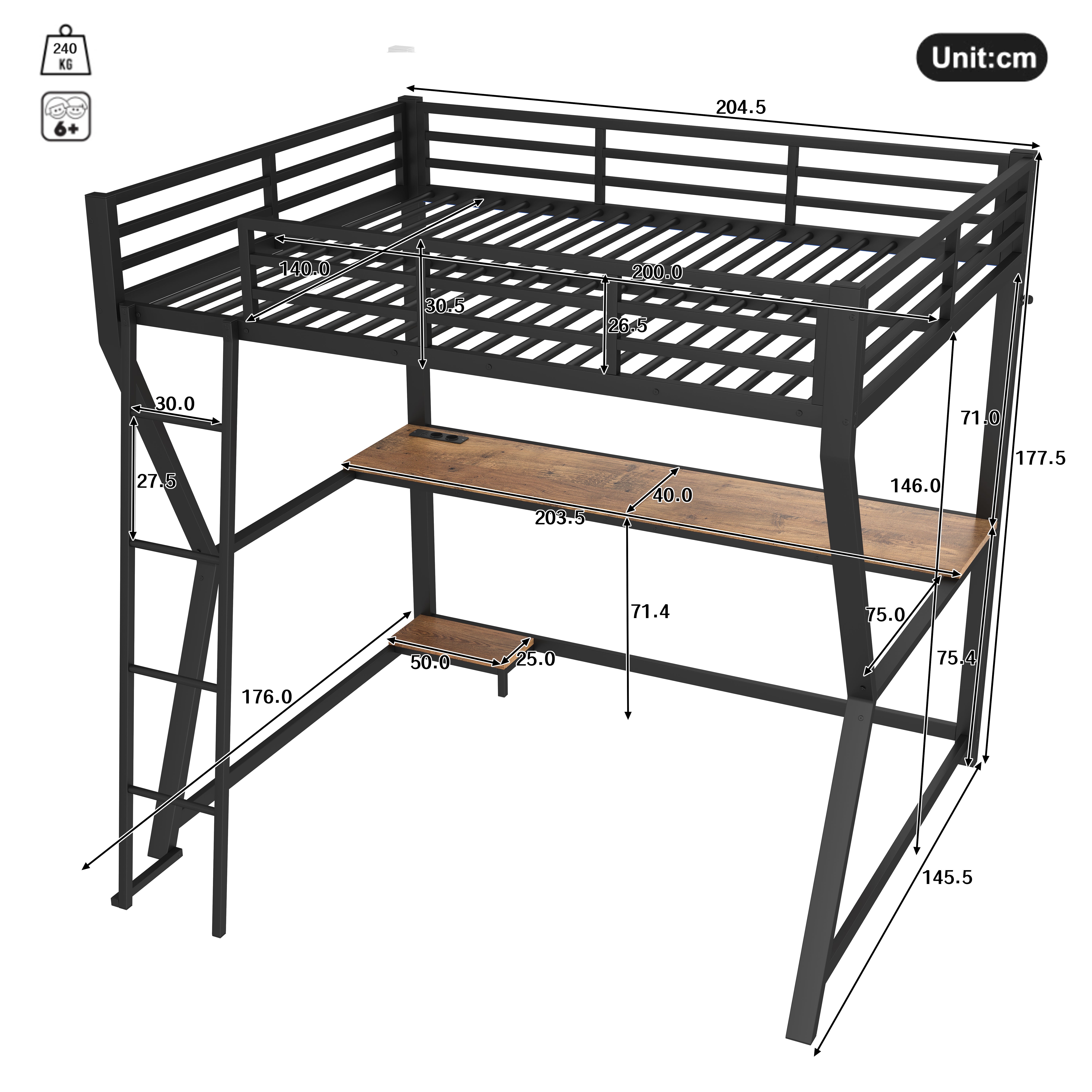 Lit mezzanine 140x200 cm - avec éclairage LED - avec bureau - prise de courant + USB - avec escalier - noir - 5