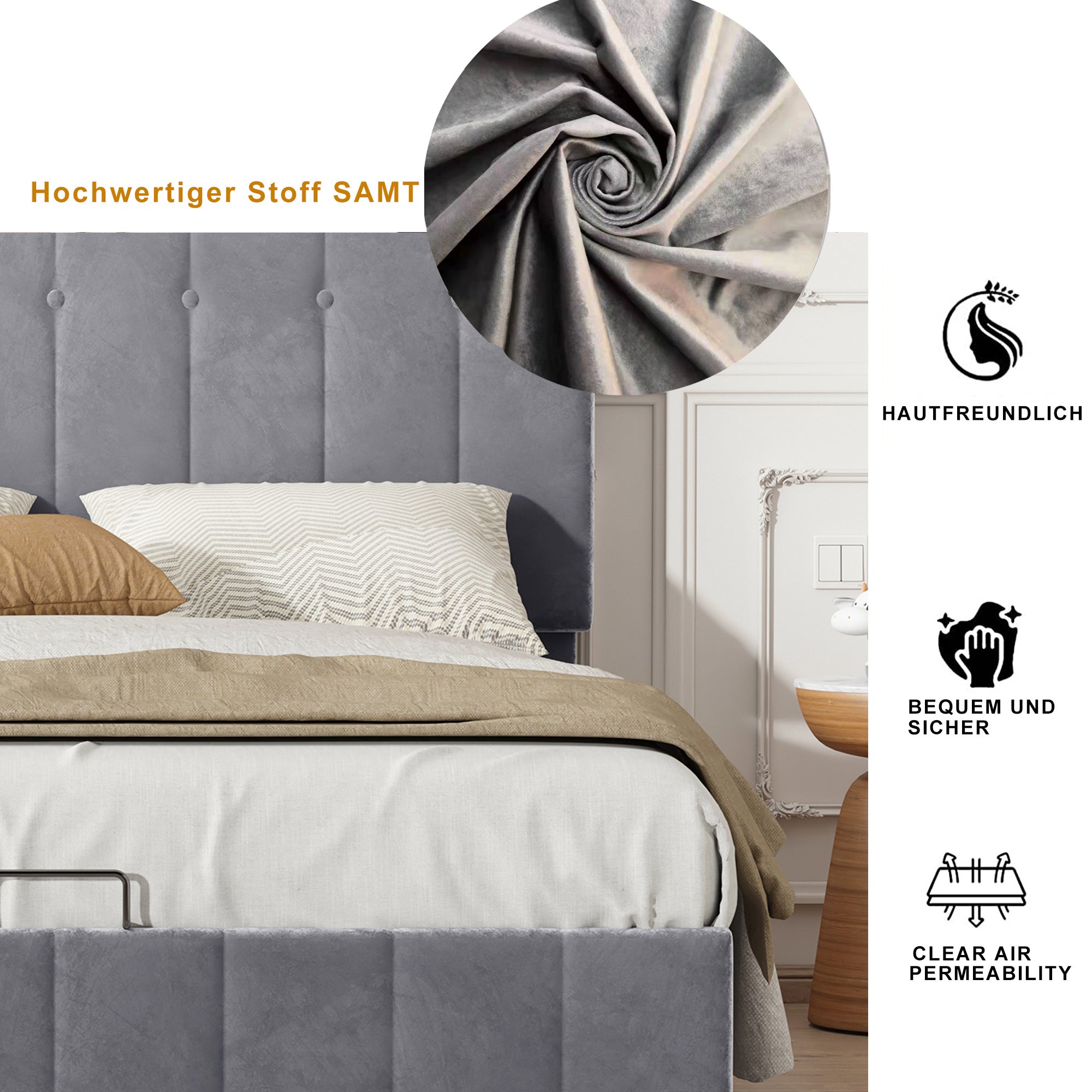 Cama contenedor con cabecero ajustable - 140 x 200 cm - terciopelo - somier de láminas - estilo escandinavo - gris - 3