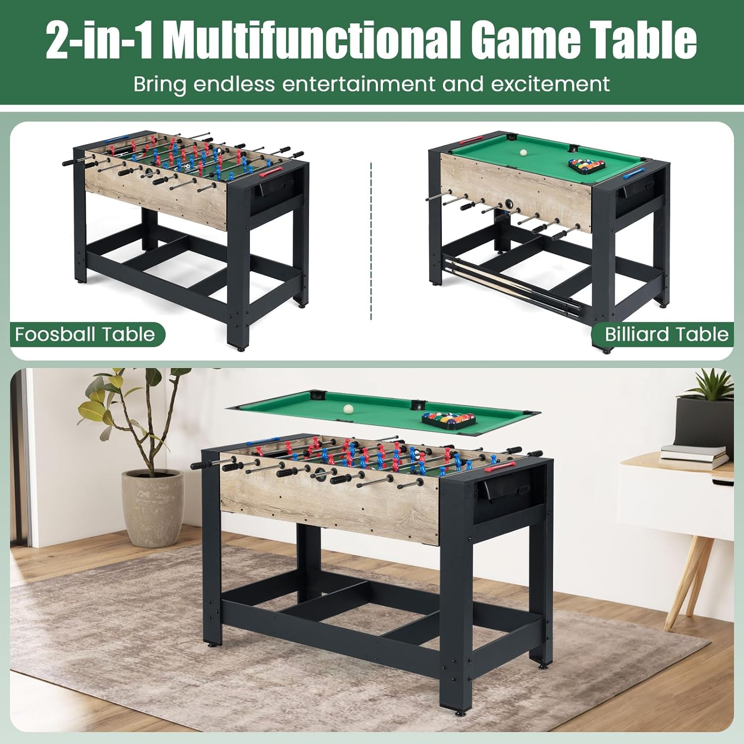 Mesa 2 em 1 de matraquilhos e bilhar, 2 bolas e tacos de bilhar, escova, 2 giz, adultos, crianças com mais de 6 anos 122x81,5x61,5 cm - 3