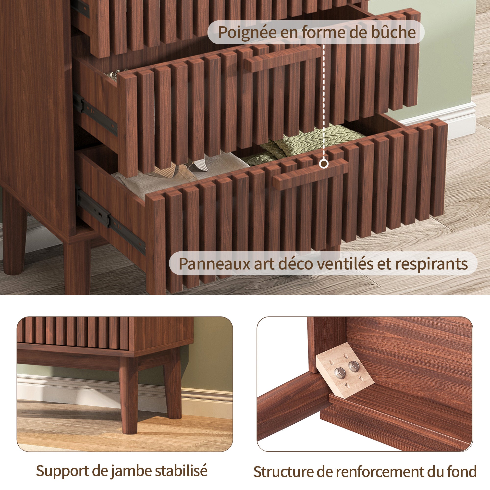 Commode avec 4 tiroirs - poignées en bois - commode de chambre en bois - Style rétro - 60x34x91cm - pour chambre salon - Bois noyer - 3