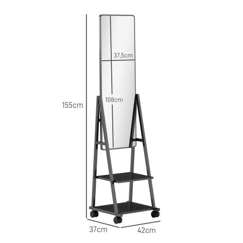 Specchio a figura intera 42x155 cm con ripiani e rotelle, specchio da terra nero per camera da letto e soggiorno - 7