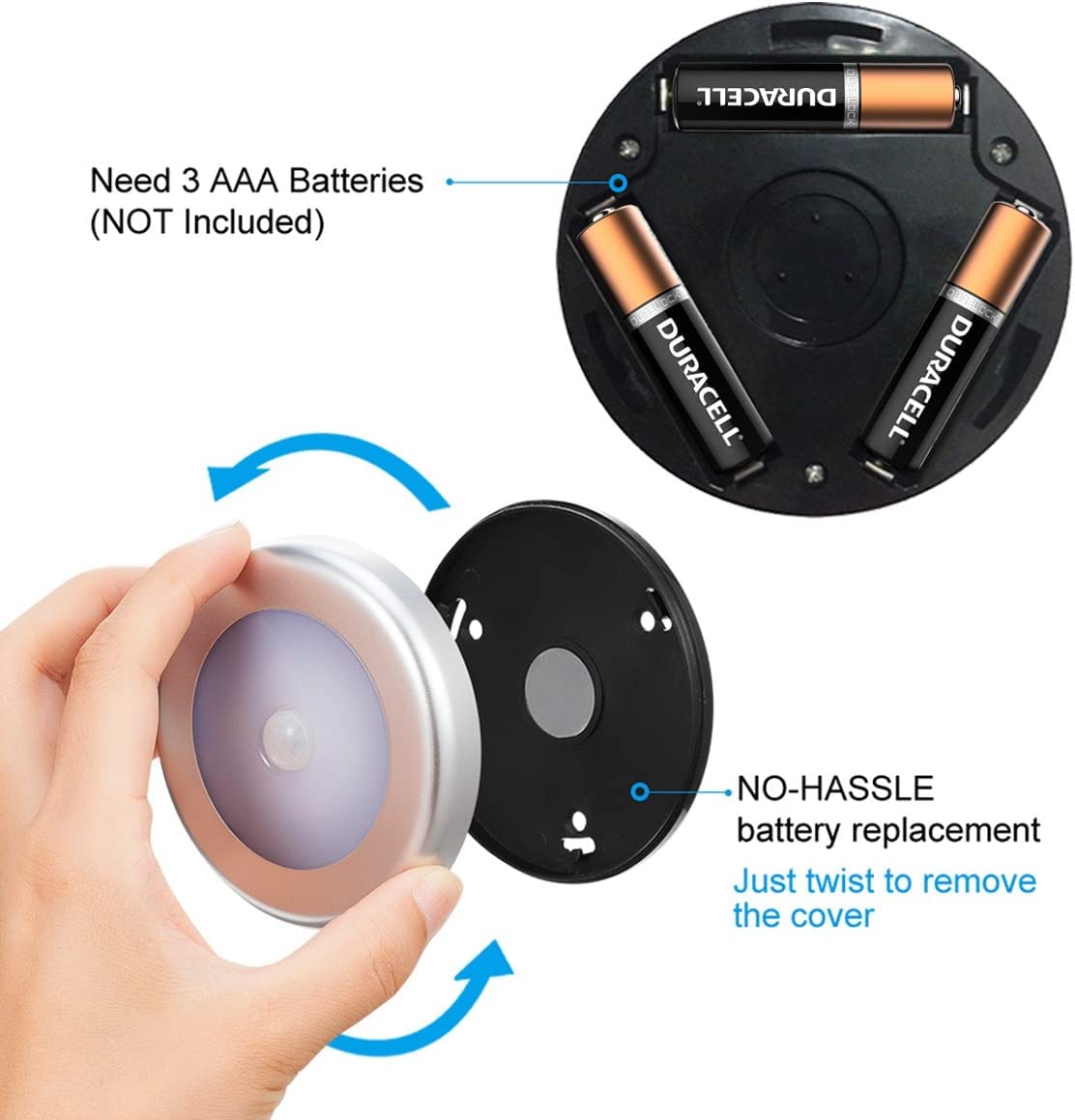 Lot de 3 lampes à détecteur de mouvement, veilleuse LED à piles, à coller n'importe où sous l'armoire, lumières d'escalier, appliques murales - 6