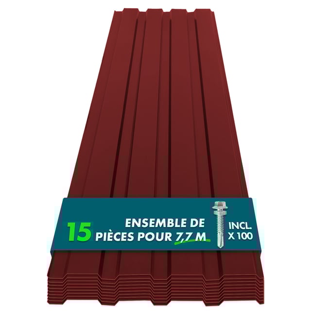 Lot de 15 tôles Couverture métallique Tôle avec vis Épaisseur : 0.25 mm, 115 x 45 cm, Rouge