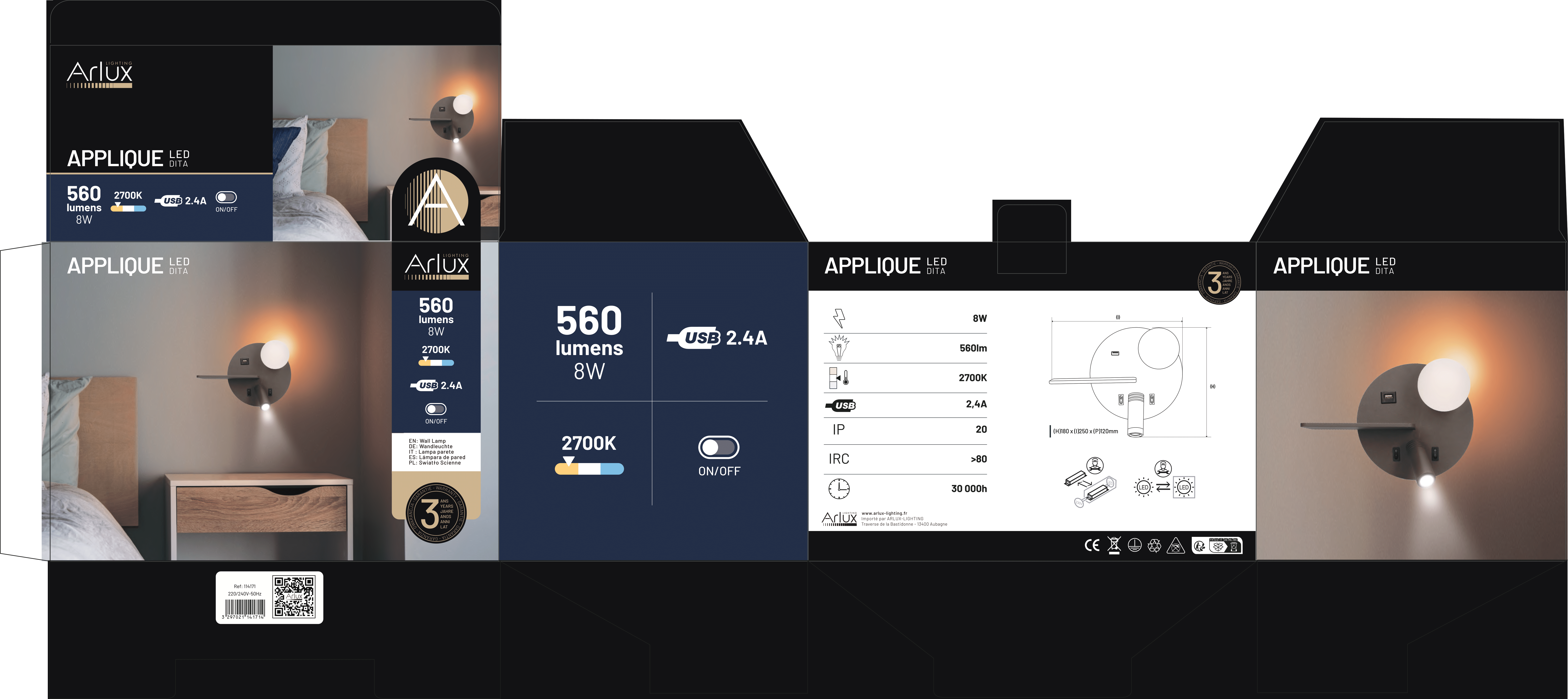 APPLIQUE LISSEUSE DROITE 5W/2700K/350lm/USB2,4A/Anthracite+ 3W/21 - 6