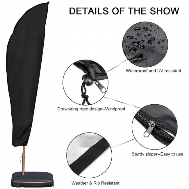 Grande housse imperméable pour parasol déporté avec fermeture éclair et cordon, 265 cm, noir - 4
