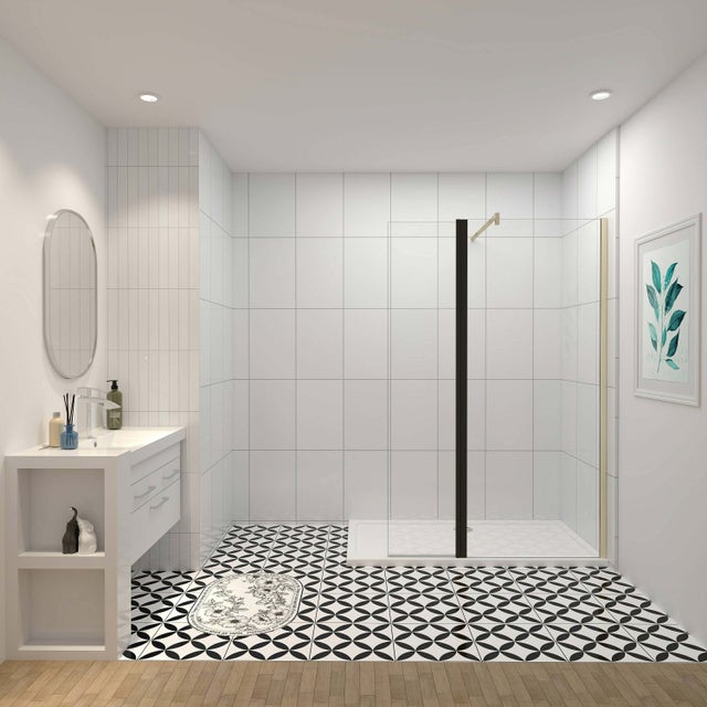 Mampara de ducha fija + lateral (100+40)x200cm - Oro Cepillado - Cristal templado 8mm antical - Barra1 90cm - Perfil aluminio dorado -Pivote negro