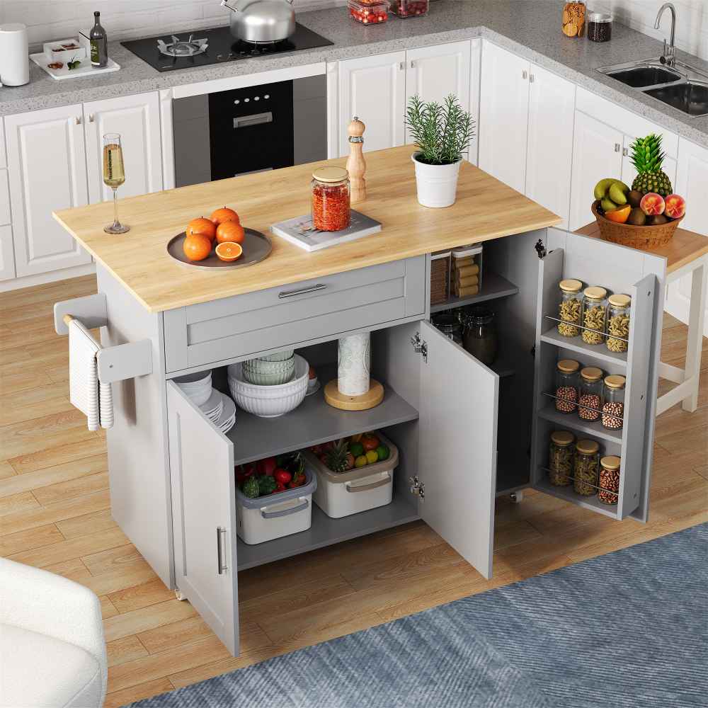 Mesa de cocina móvil 132,5 × 44 (70) × 90 cm - tablero plegable, vetas de roble, soporte para especias, toallero, 5 ruedas, cocina/comedor