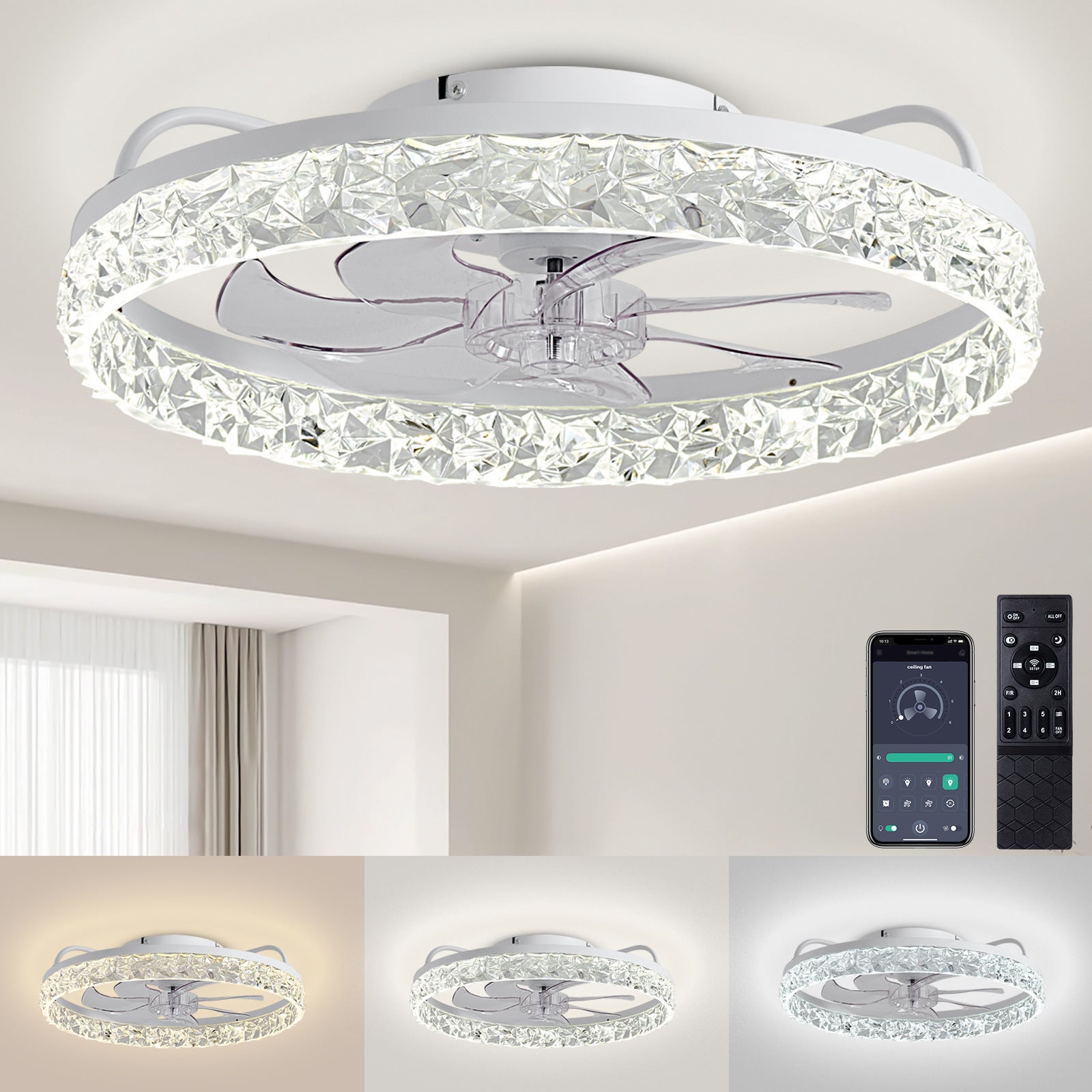 Ventilador de techo con luz, 220 v, modelo colgante con forma de diamante, brillo regulable, con mando a distancia, 50 cm de diámetro.