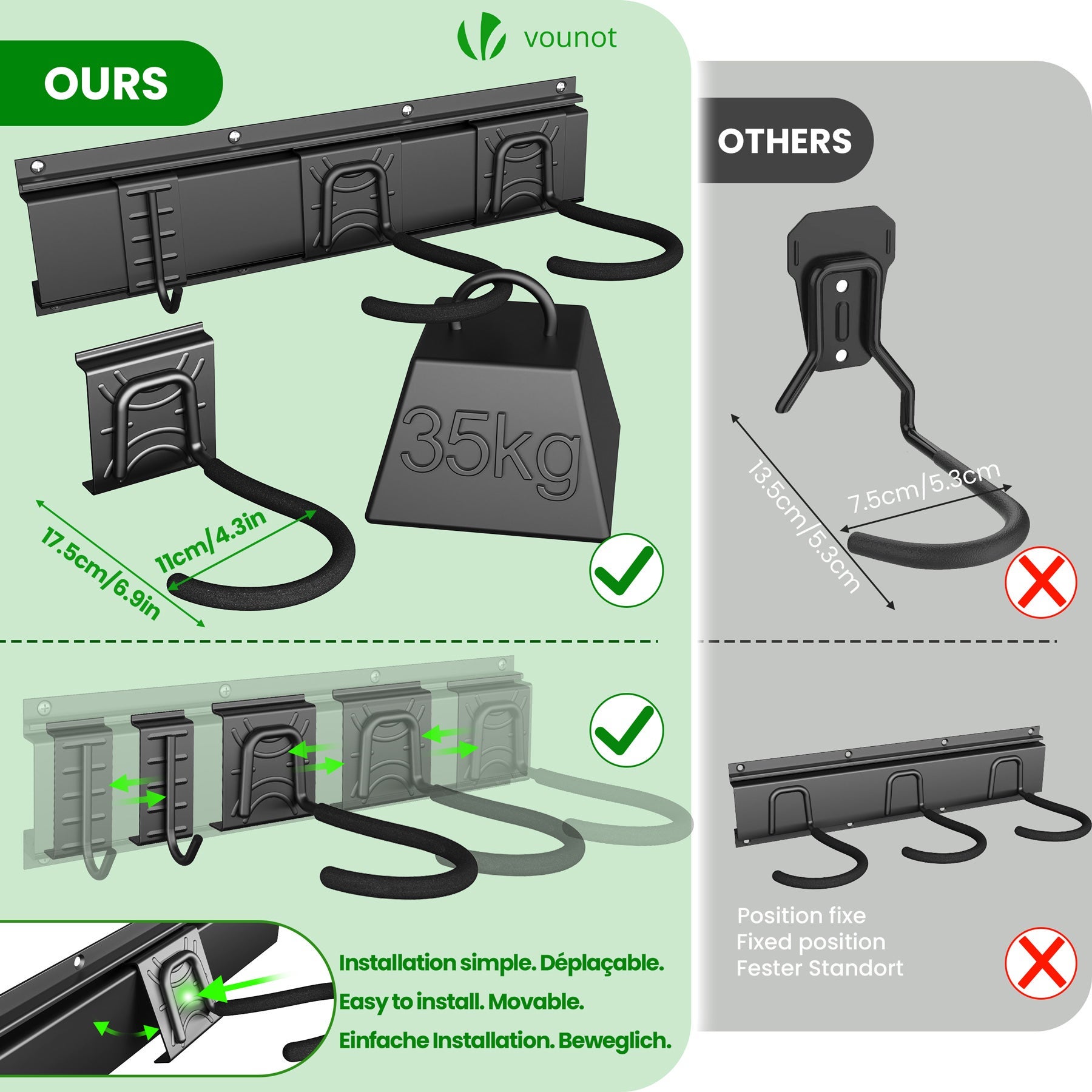 Support mural rangement pour 4 velos et 2 casques rails et crochets metal noir VOUNOT® - 5