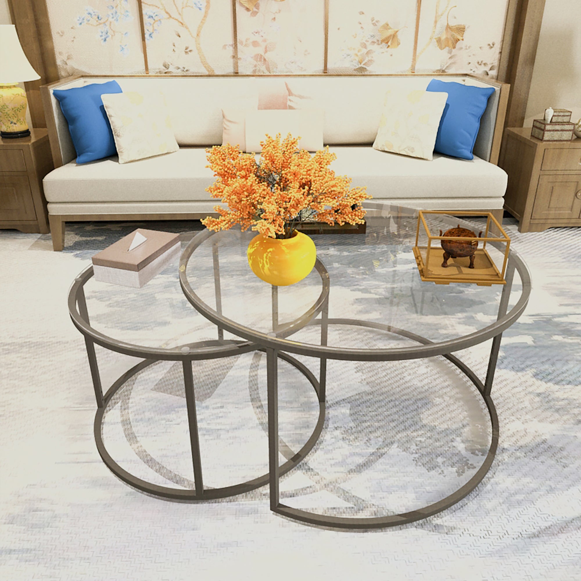 Set de 2 mesas de centro nido Kokkola Metal/Vidrio templado Ø80x45 cm Negro Transparente [en.casa] - 5