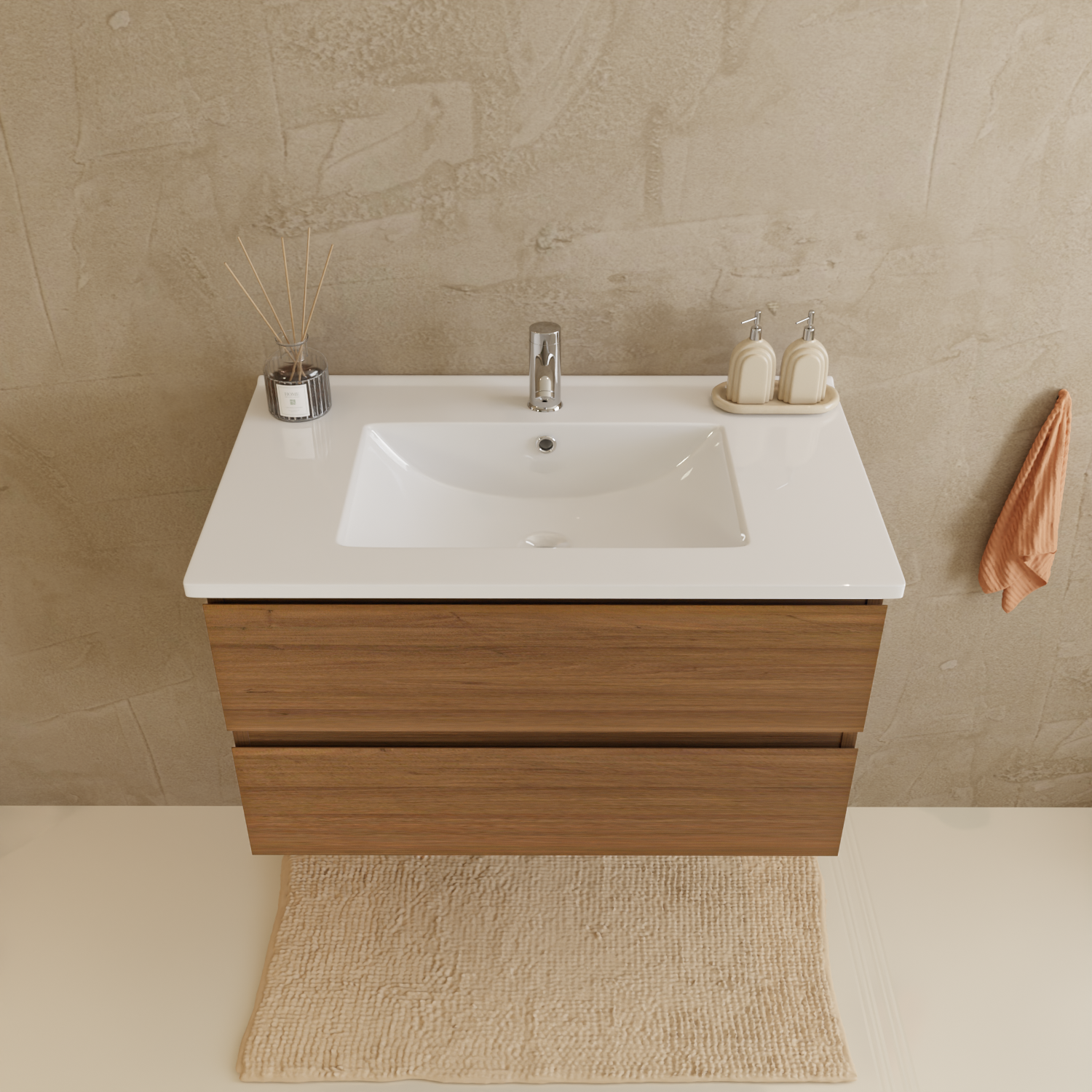 Ensemble Meuble Vasque 80 Cm Avec Colonne - Chêne Chaud - Lavabo Blanc - LOMAZOO Verona - 4