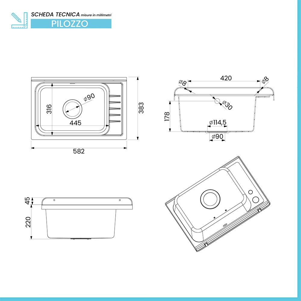 Meuble sous-évier gain de place en PVC blanc 58 cm avec vasque et bonde en inox - 3