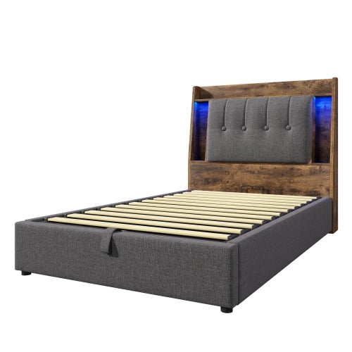 Łóżko tapicerowane 90x200 cm, łóżko pojedyncze z oświetleniem LED i portem USB typu C, len, kolor szary - 9