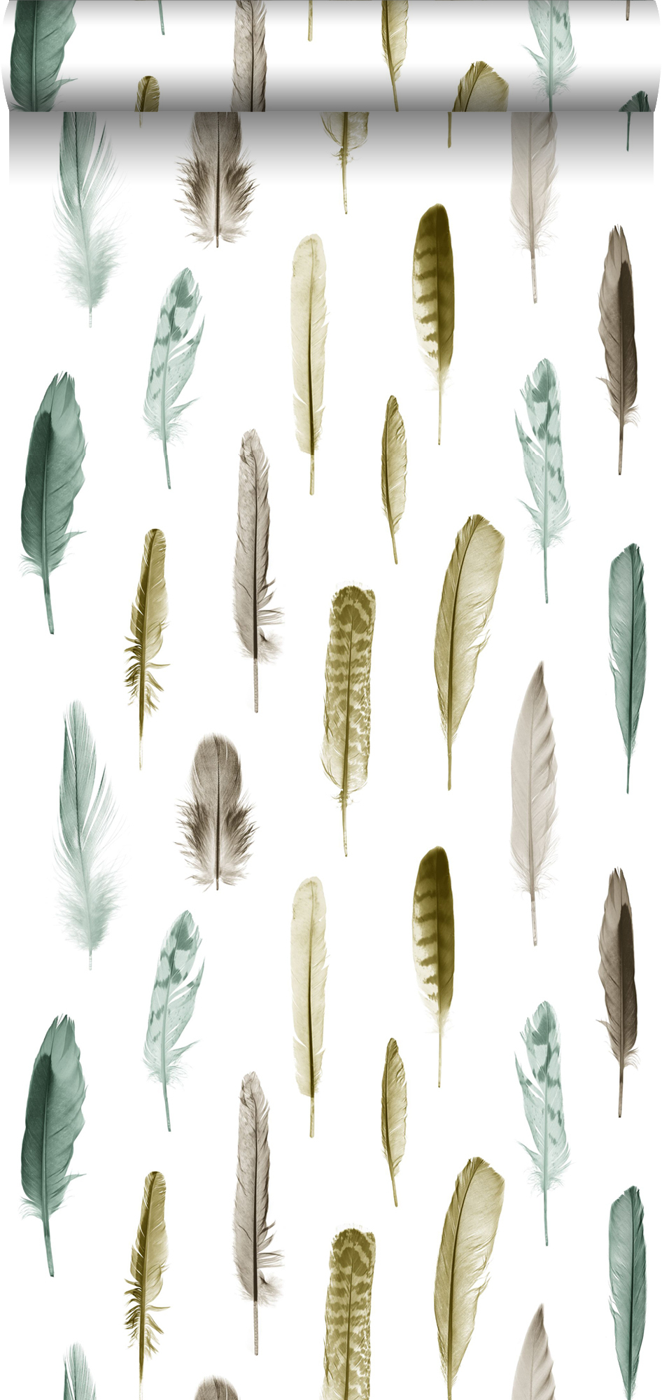 Papel pintado plumas amarillo ocre, marrón y verde grisáceo - 53 cm x 10,05 m - estahome