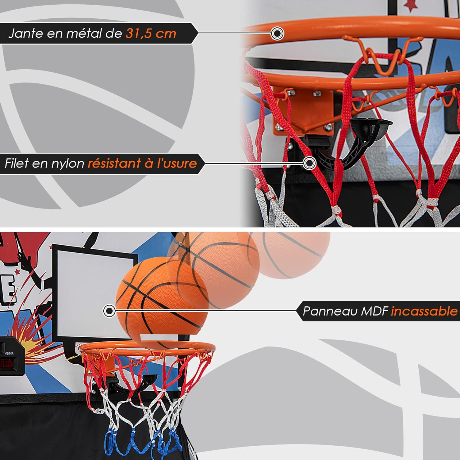 Jeu 8 Modes Jeu De Basket Arcade KOMFOTTEU 8 En 1 - Compteur Électronique - Pliable - 4 Balles Incluses - Enfant Arcade Basketball
