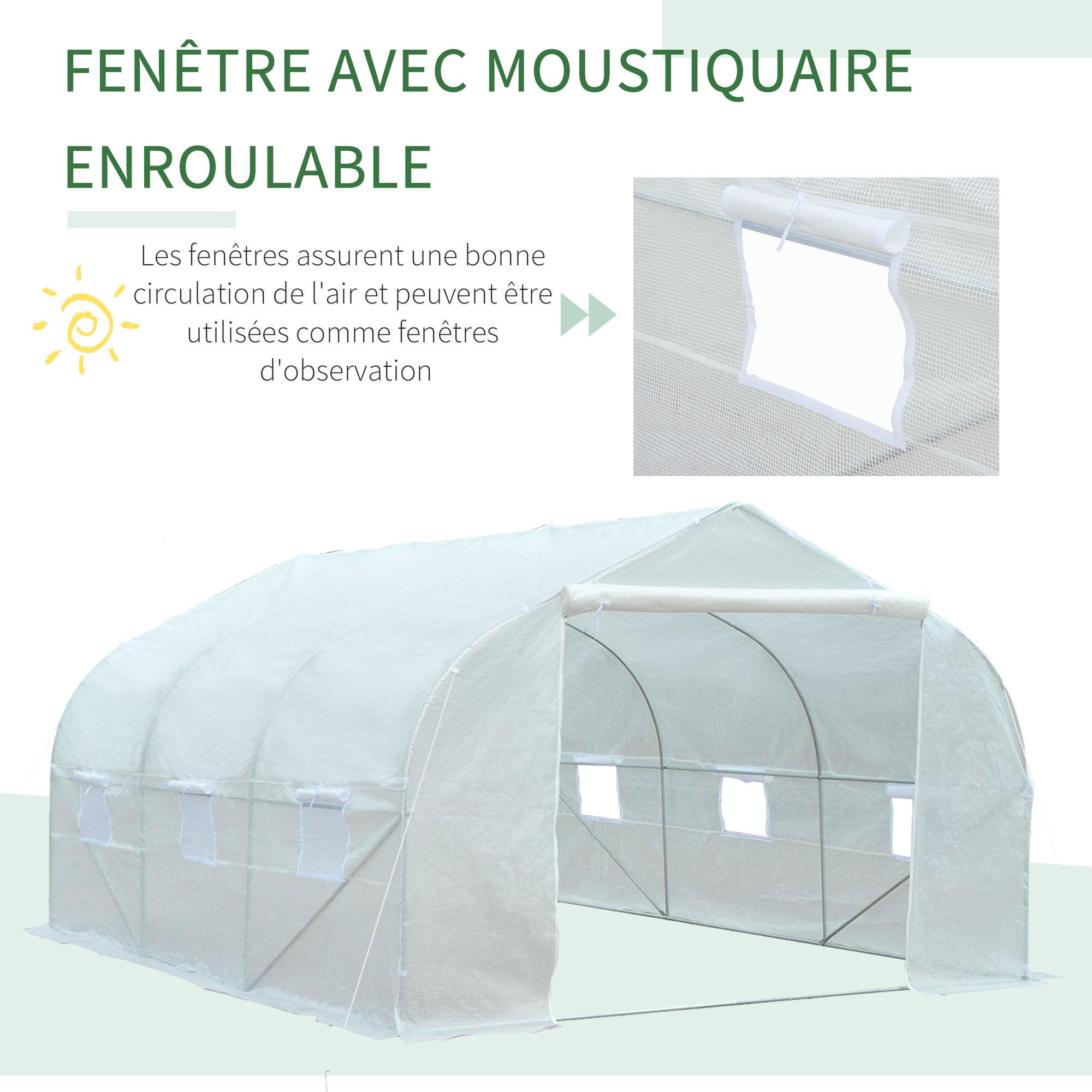 Serre Tunnel de Jardin 13,35 m² dimensions 4,5L x 3l x 2H m Porte + 6 fenêtres enroulables Acier galvanisé bâche PE Haute densité Blanc - 7