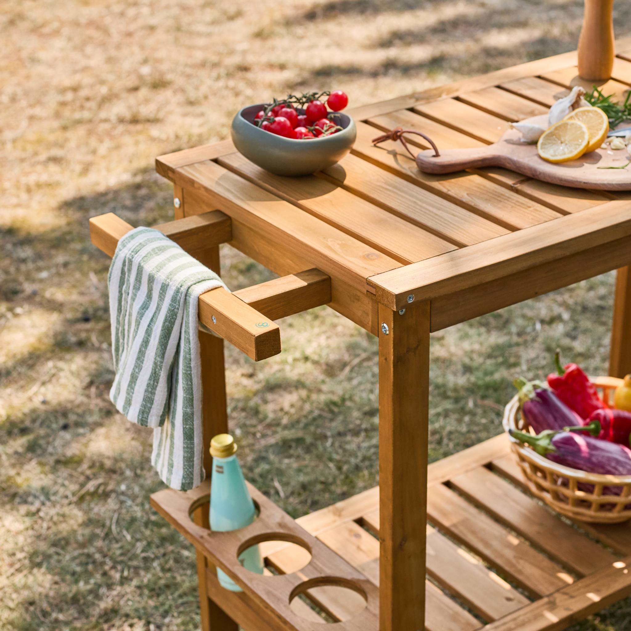 Desserte extérieure 95 cm en bois avec roues et poignée. Bois naturel. L 95 x l 47 x h 74cm AULNE - 4