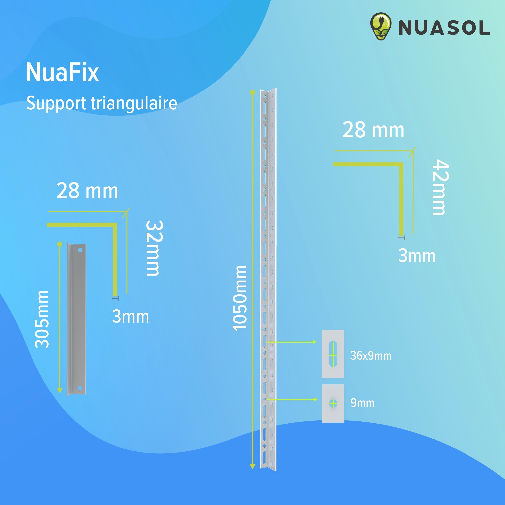 NUASOL Support pour panneau solaire jusqu'à 105 cm Toit plat PV Réglable de 0 à 90 ° Kit Aluminium Matériel de montage - 9