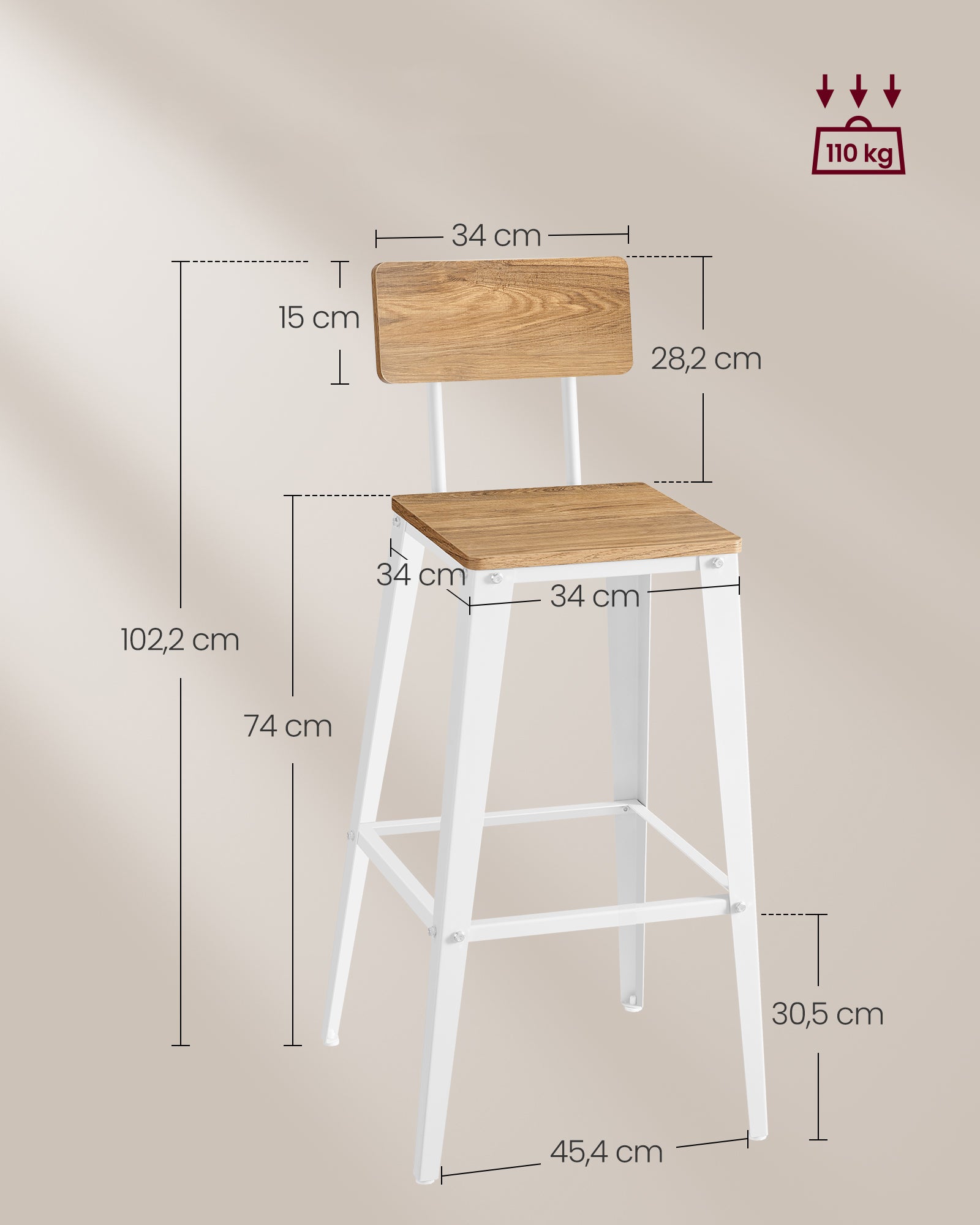 Tabouret Bar Industriel, Lot de 2, Chaise Bar Cuisine, avec Dossier, Cadre en Acier, Montage Facile, Style Industriel, Marron Blé et Blanc Nuage - 5