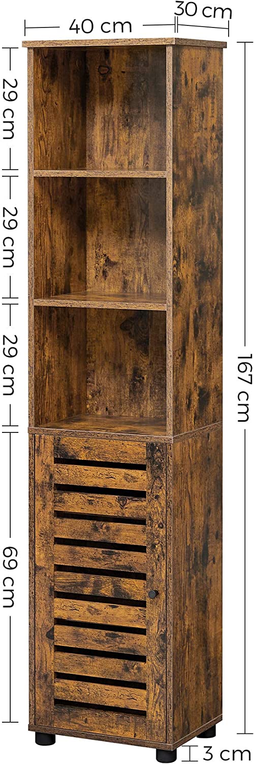Meuble Colonne Salle De Bain, 40 x 30 x 167 cm, Avec 3 Cases Ouverts Et 2 Étagères Réglables, Marron Rustique - 4