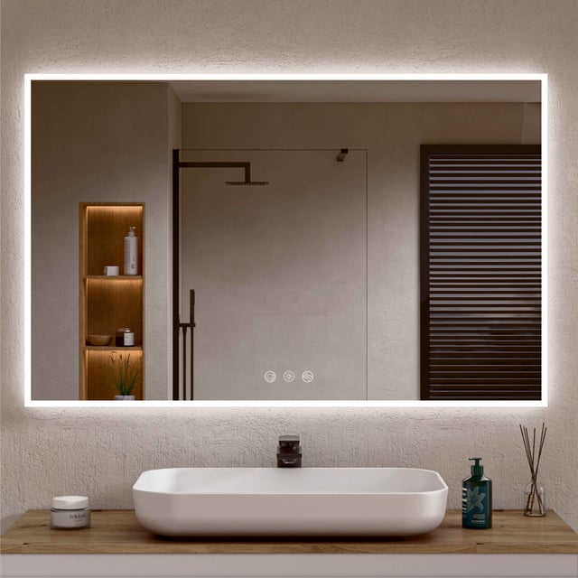 BELLOBATH - Espejo Baño con Luz Led Perimetral, Luz Ajustable en 3 Colores e Intensidad, Antivaho, Marco de aluminio Blanco - 80cm alto x 100cm ancho