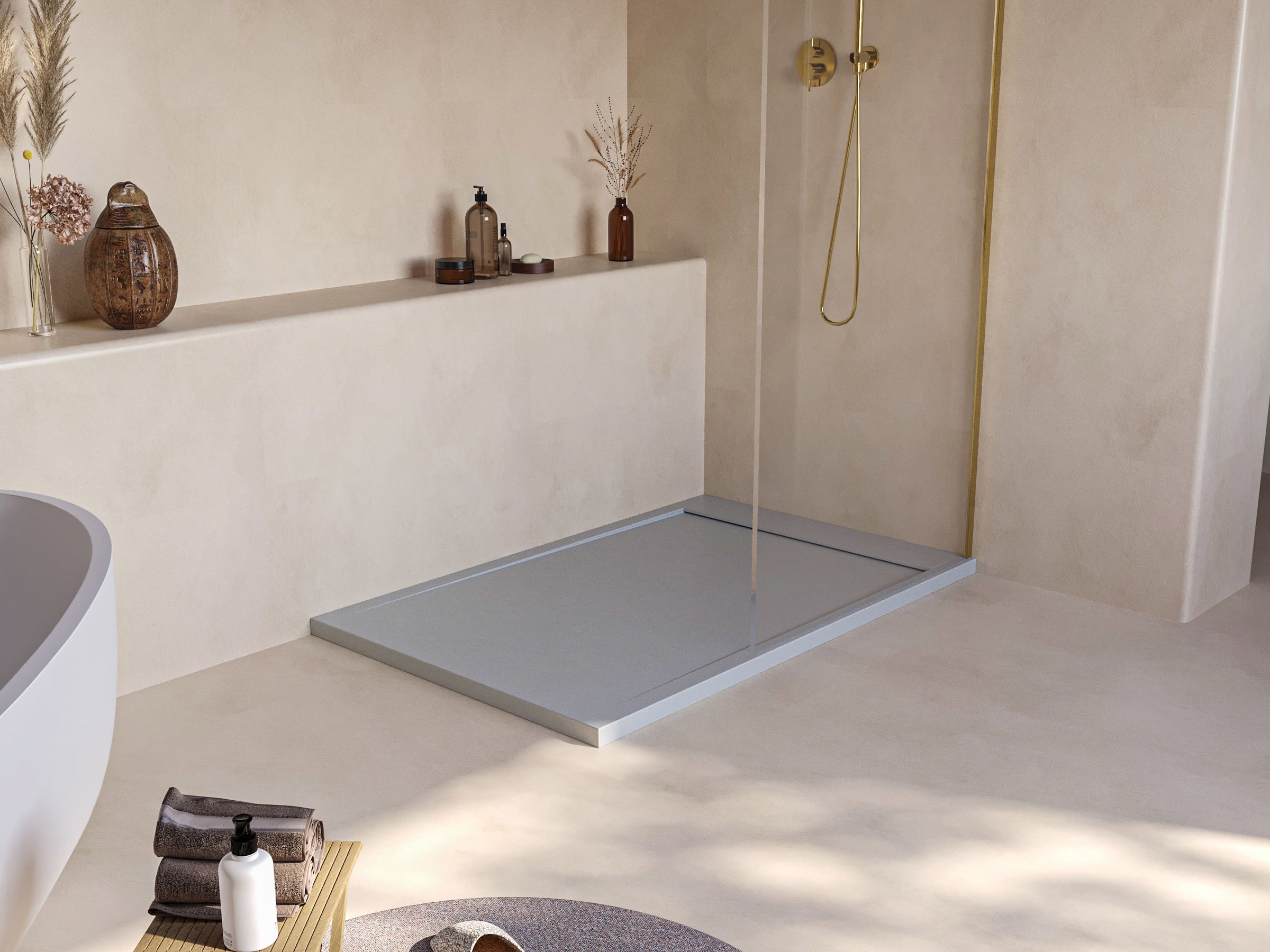 SOULHOME Brodzik prysznicowy– Żywica– Gel Coat– Gładka/Kamienna tekstura – Antypoślizgowy – jasnoszary- 130X70- Niski 3cm– Minimalistyczny