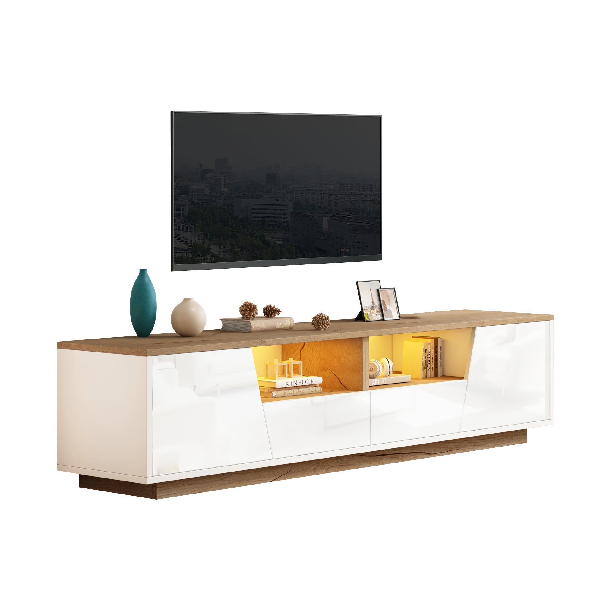Meuble TV avec 2 portes et 2 tiroirs pour téléviseurs 75 pouces - 180 x 40 x 46 cm - Panneau de particules - Blanc + naturel - 8