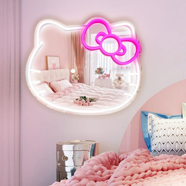 Specchio animato con luce, decorazione da parete al neon, specchio per il trucco al neon, decorazione per la stanza al neon, 37*31 cm
