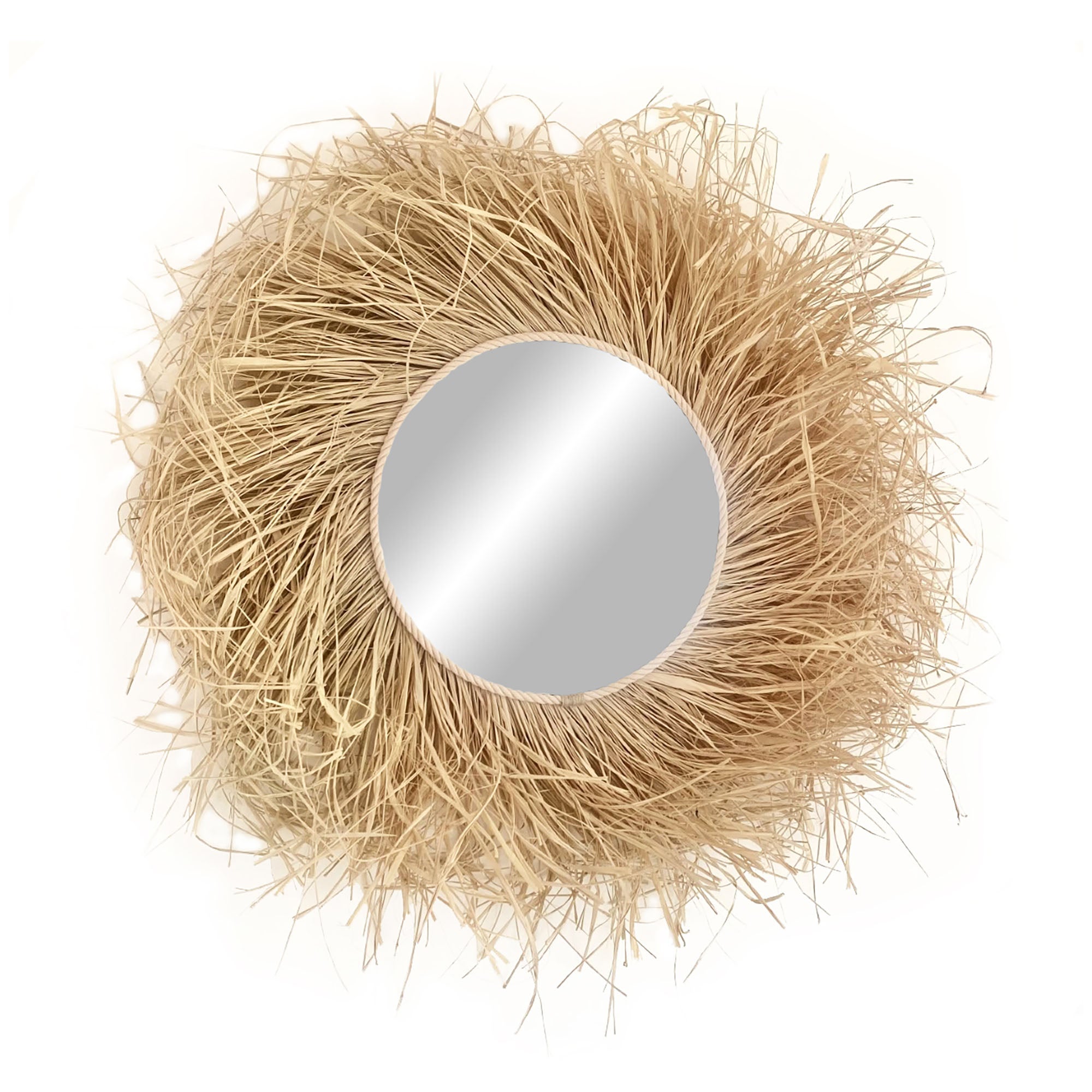 Espejo redondo decorativo de rafia natural, fibras naturales, mimbre y ratán, estilo étnico - mirror raffia sauvage 50cm