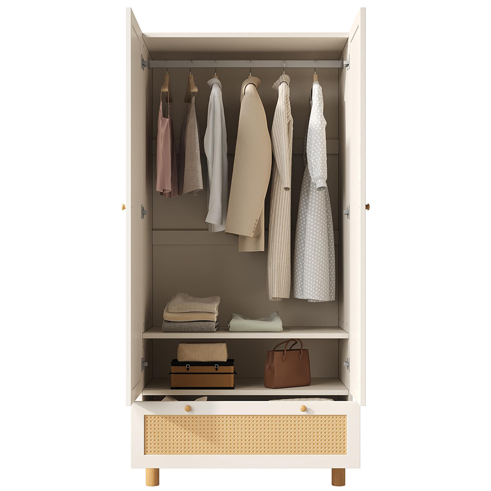 Armoire penderie à 2 portes et rotin blanc avec grand tiroir étagères réglables en hauteur - 4