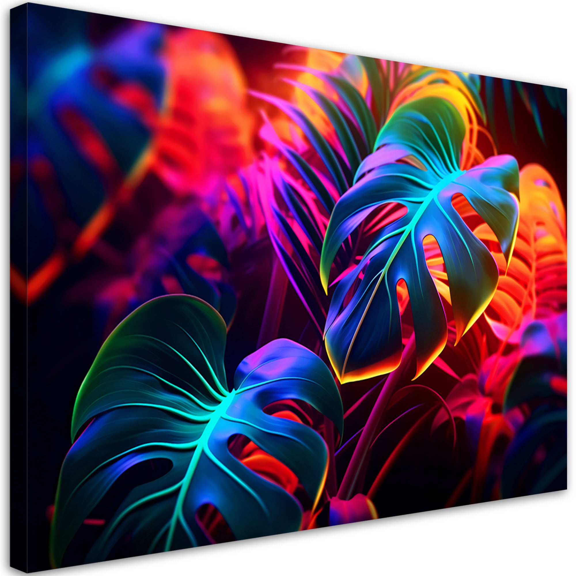 Obraz na płótnie, Liście monstera w neonowych barwach 90x60