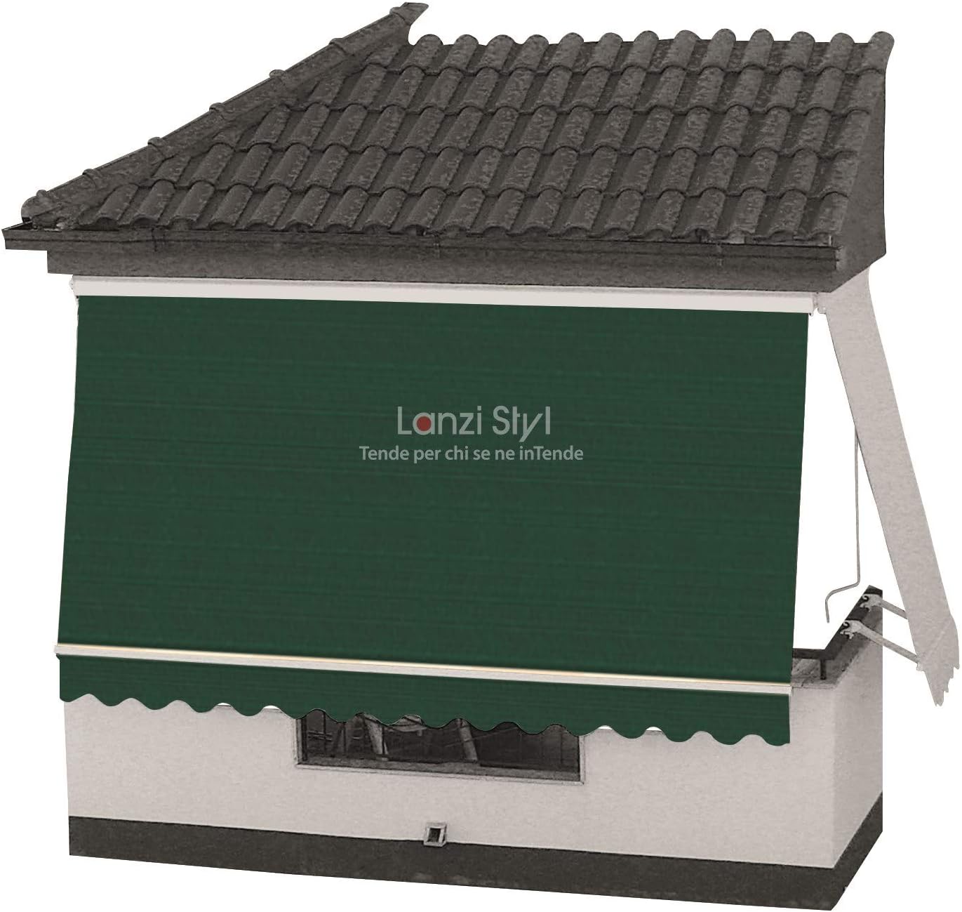 Toldo vertical (200 x 260 cm – verde 5) con cofre, brazos y faldón (tela lisa)