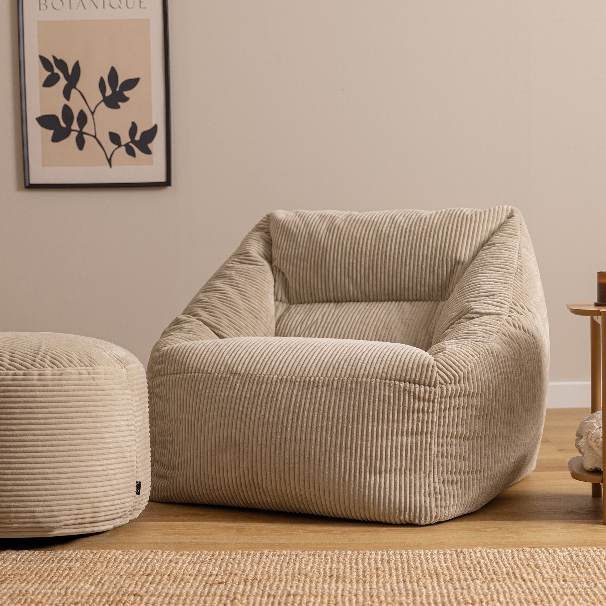Pouf fauteuil avec repose-pied rond Icon velours côtelé beige galet 97x84cm Oeko-Tex® - 2