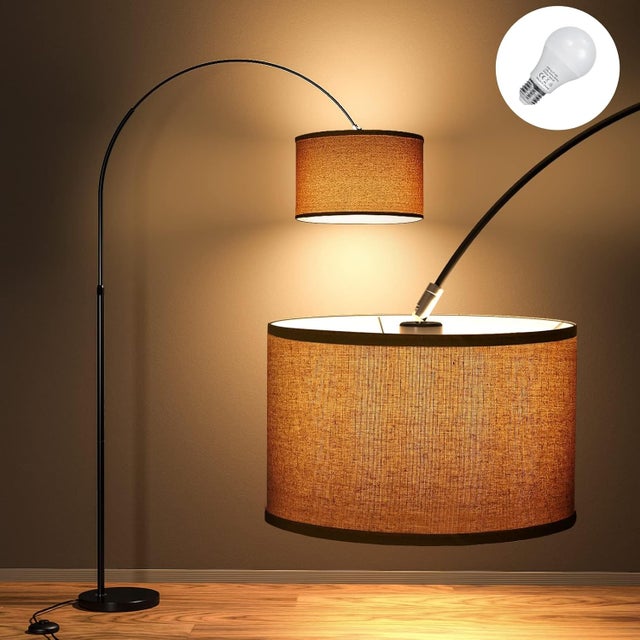 Modlicht Lampadaire Arc 165-180 cm, Ampoule LED E27 9W 3000K Incluse, Interrupteur au Pied, Abat-Jour en Lin Beige, Pour Salon, Chambre, Bureau
